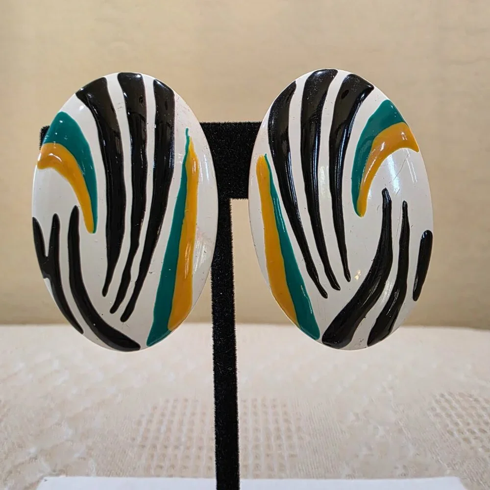 Vintage Boho Chic Tribal Metal Oval White Black Green and Yellow Stripe Earrings